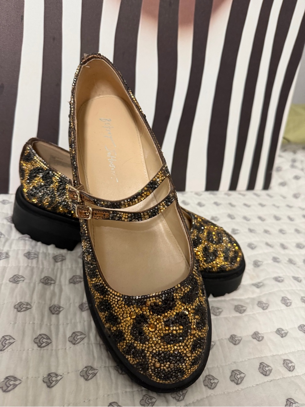 Betsey Johnson Gold and Black Leopard Crystal Mary Jane Flats